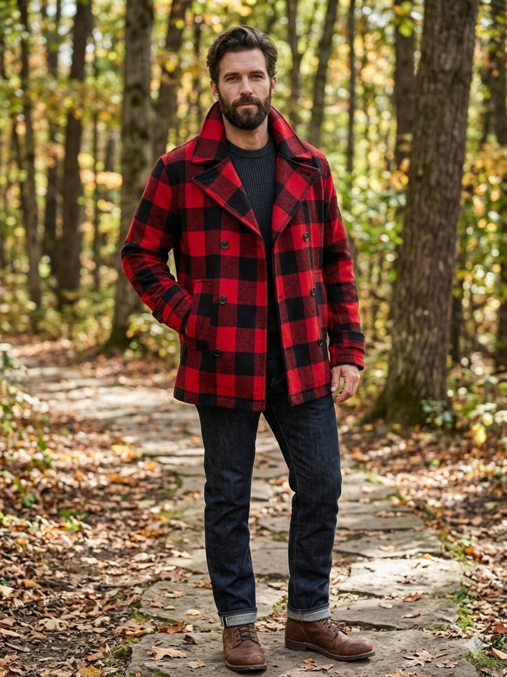 XL Men's Mossimo Supply Co. Ref & Black Buffalo Plaid Wool Peacoat